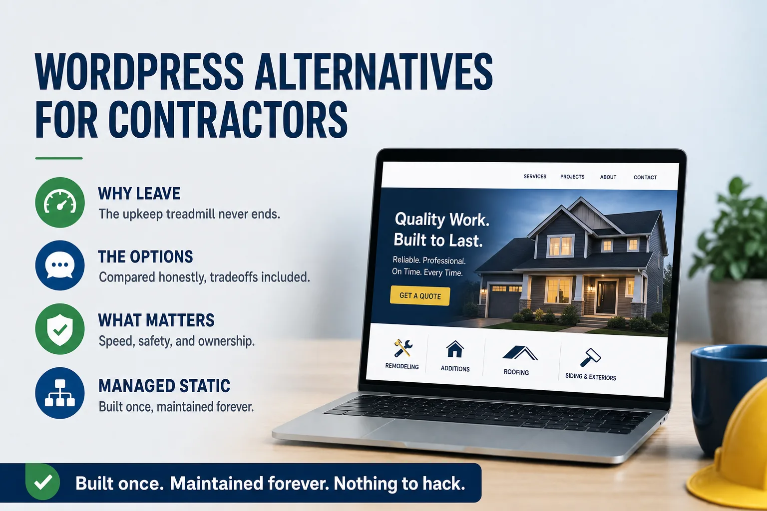 Infographic: WordPress alternatives for contractors - why leave, the options, what matters, and the managed static model